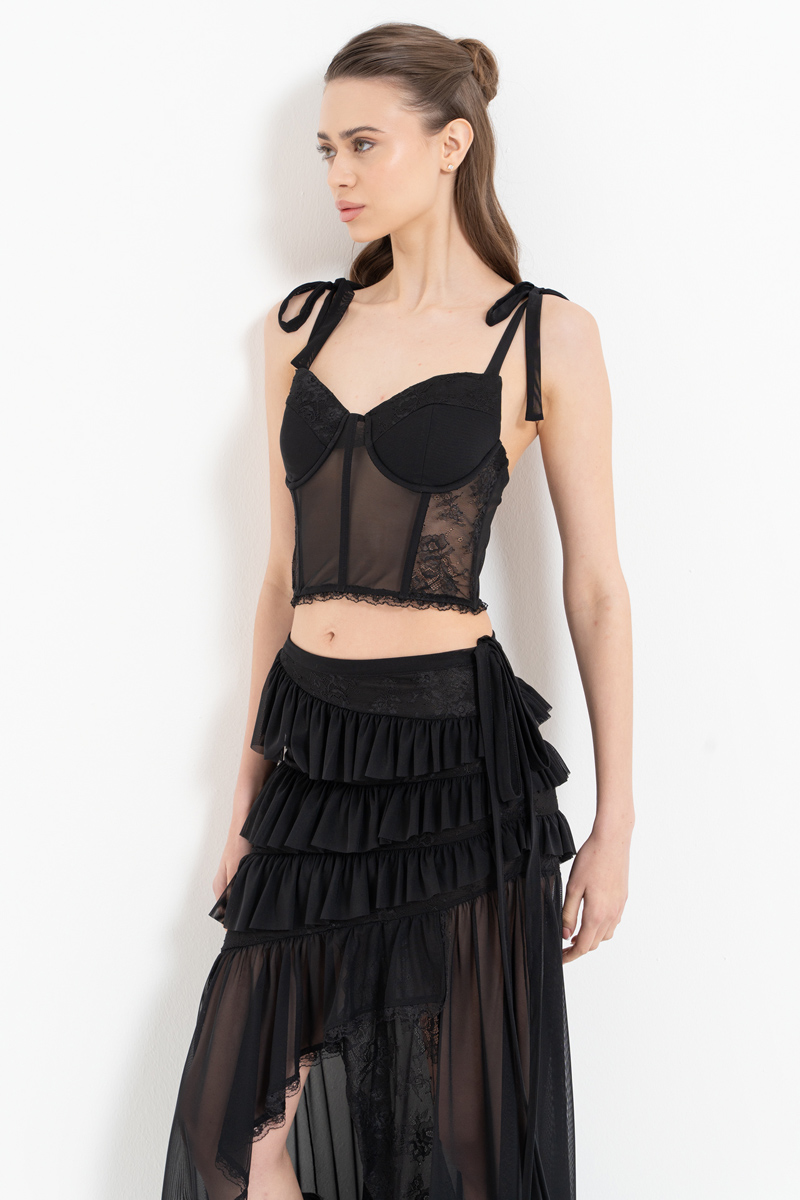 Black Wired Mesh Bustier & Ruffle-Trim Skirt Set