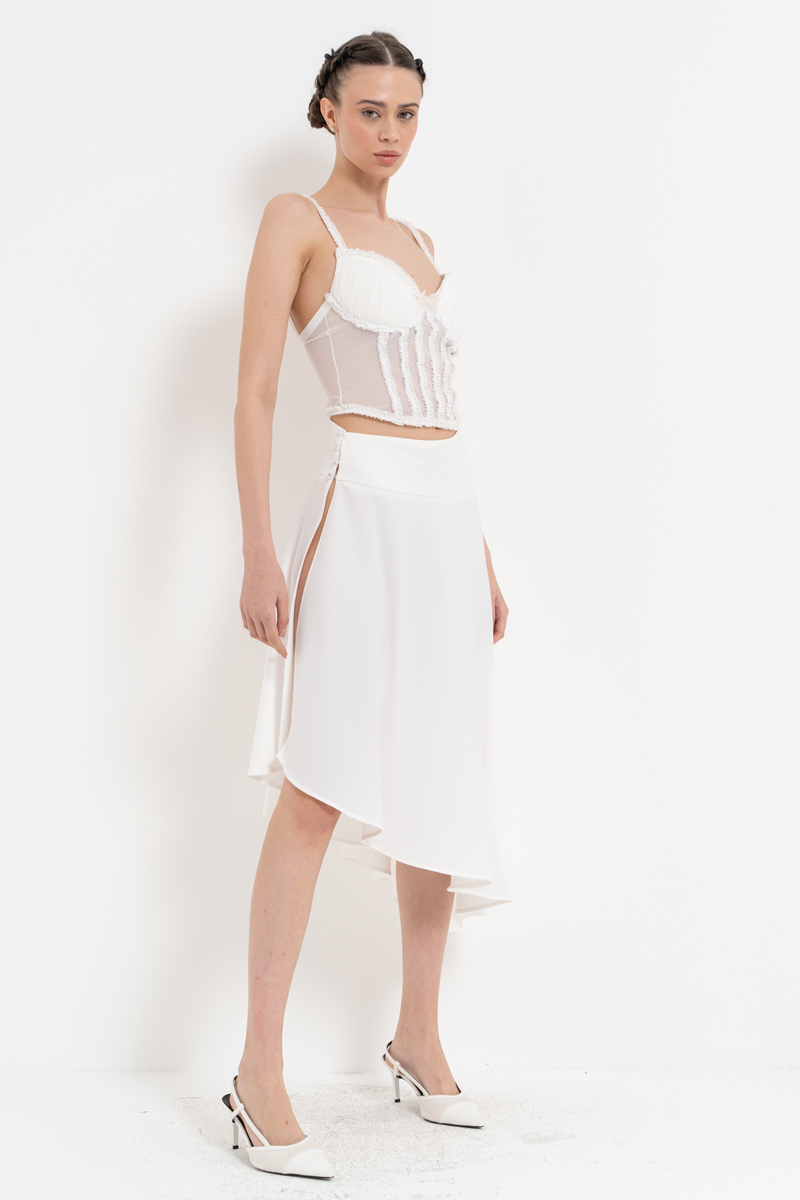 Offwhite Button-Side Satin Skirt