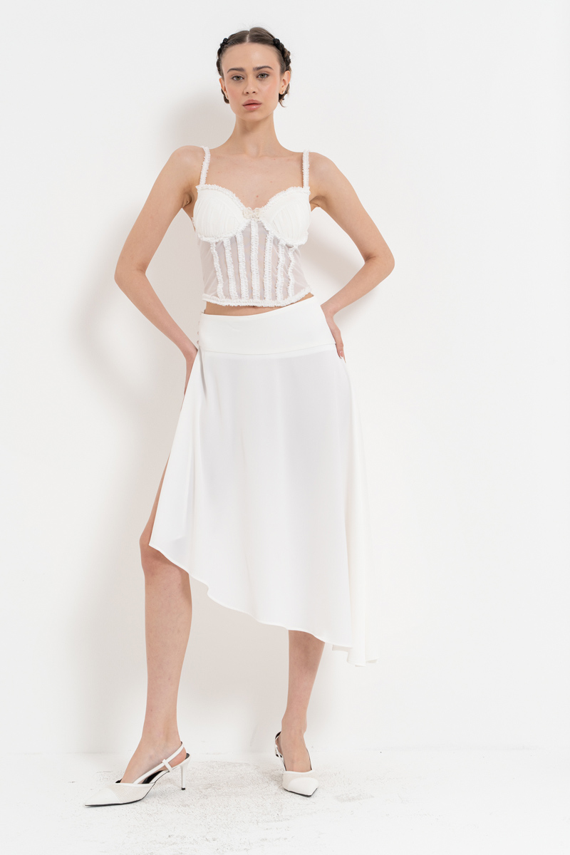Wholesale Offwhite Button-Side Satin Skirt