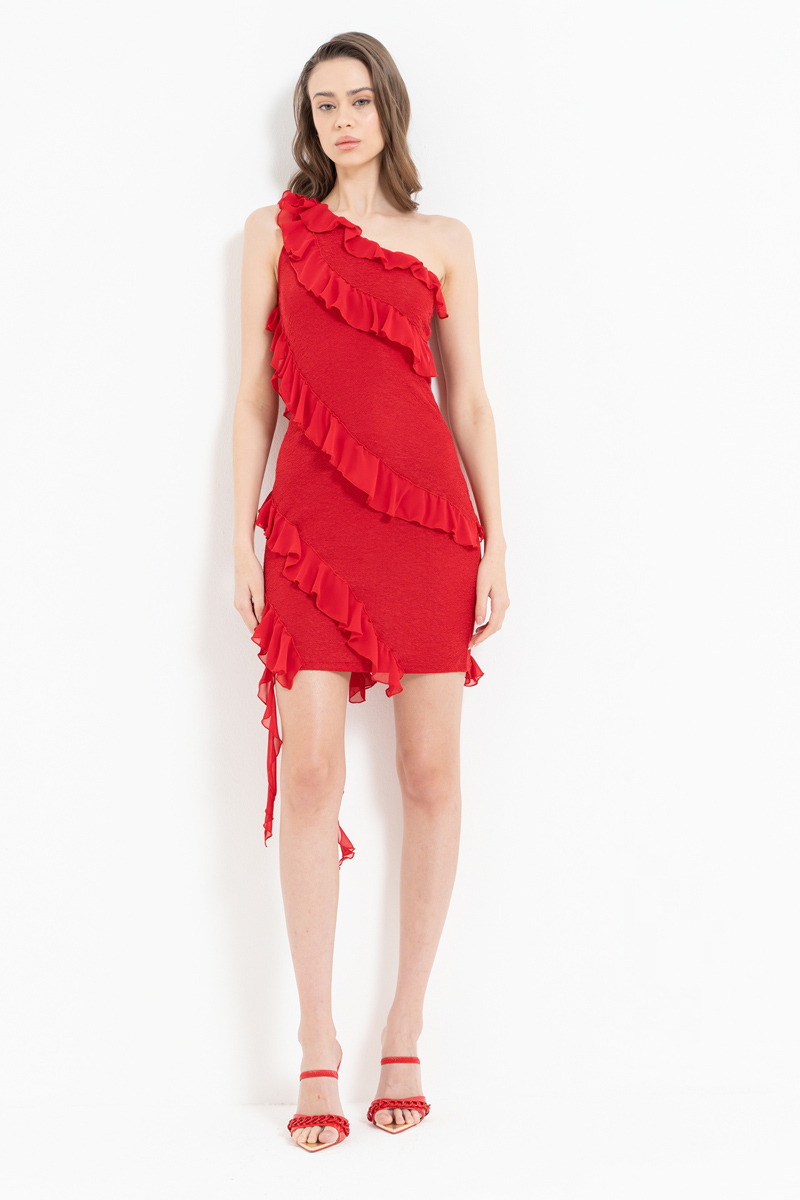 Red Ruffle-Trim One-Shoulder Dress