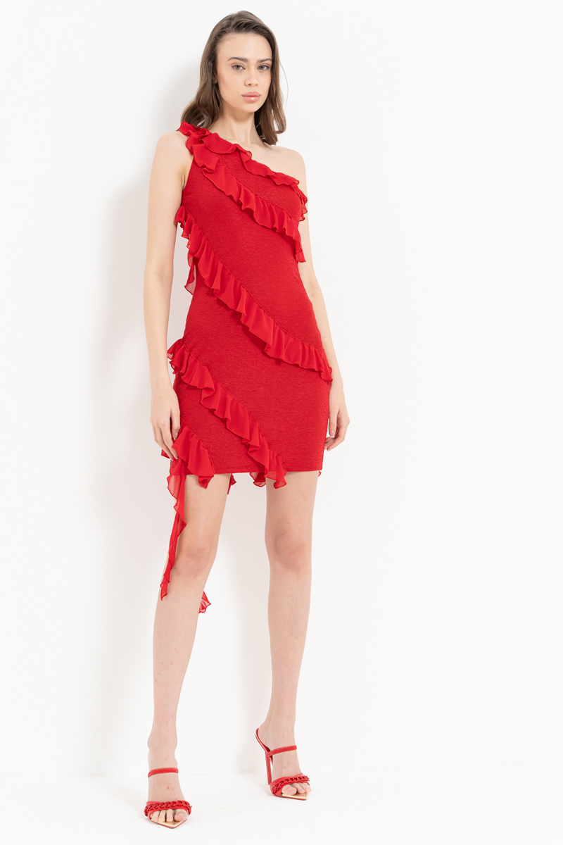 Red Ruffle-Trim One-Shoulder Dress