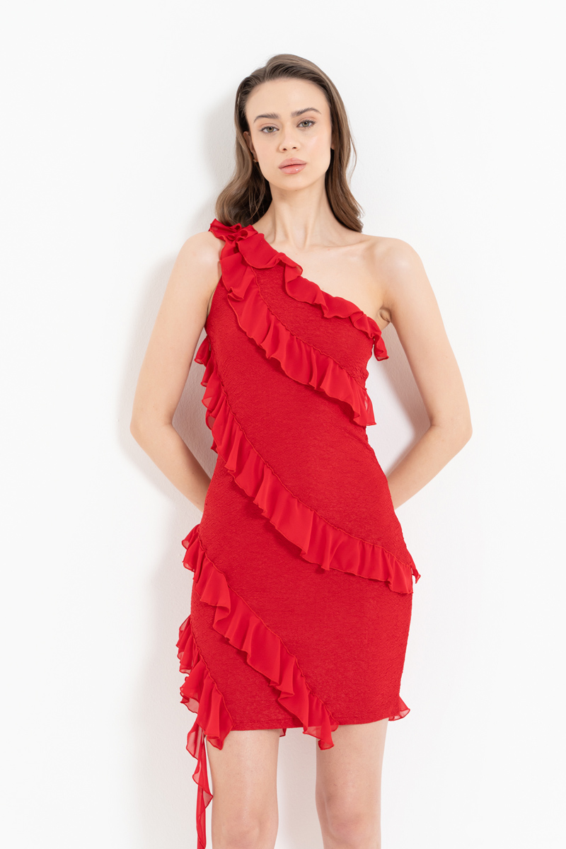 Red Ruffle-Trim One-Shoulder Dress