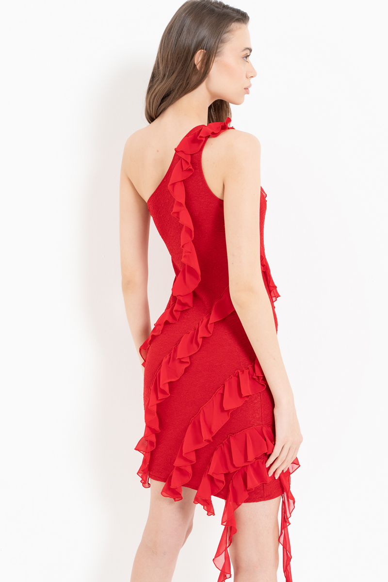 Red Ruffle-Trim One-Shoulder Dress