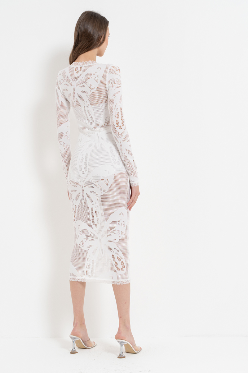 Wholesale Offwhite Long-Sleeve Net Midi Dress