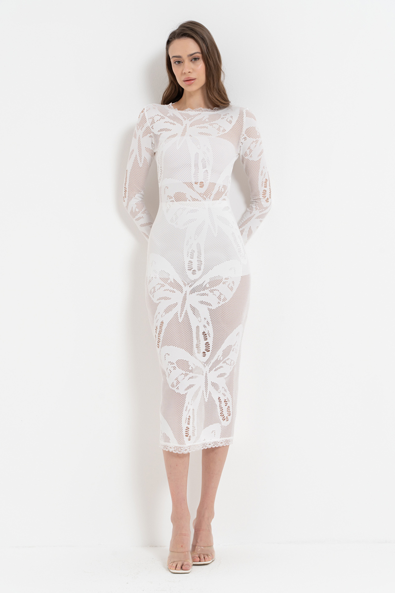 Wholesale Offwhite Long-Sleeve Net Midi Dress