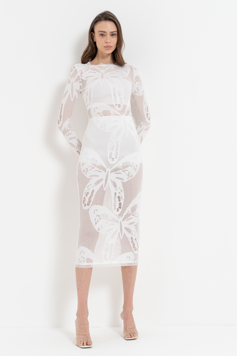 Offwhite Long-Sleeve Net Midi Dress