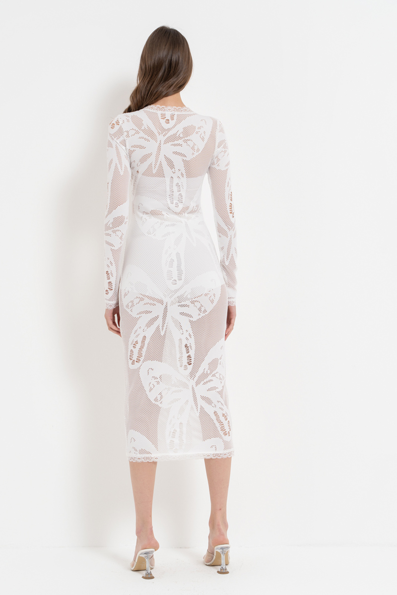Offwhite Long-Sleeve Net Midi Dress