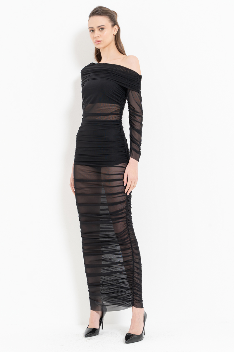 Wholesale Black One-Shoulder Ruched Mesh Dress
