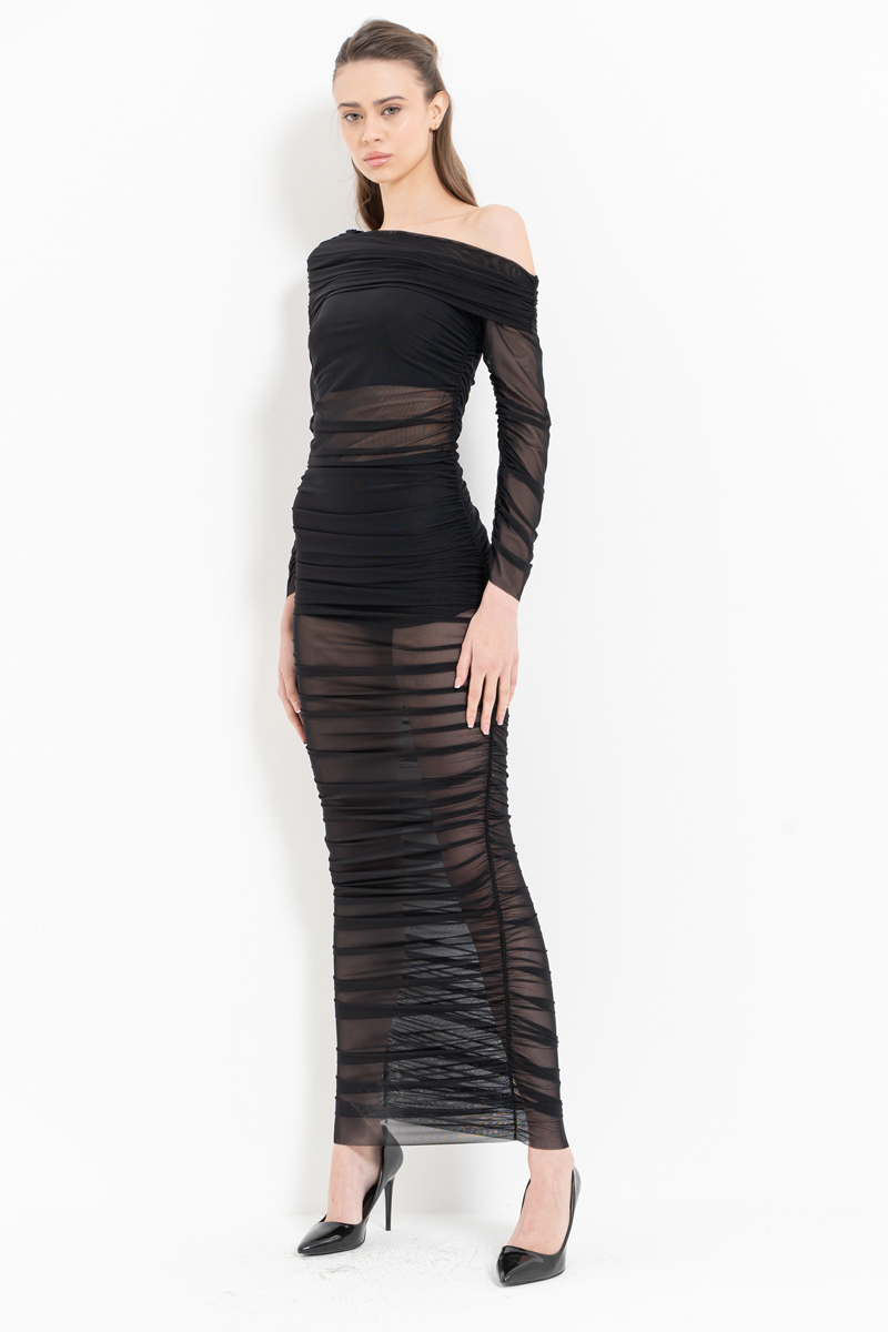 Wholesale Black One-Shoulder Ruched Mesh Dress
