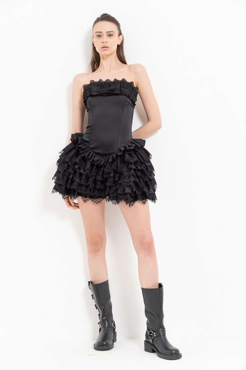 Black Tiered Ruffle Tube Mini Dress