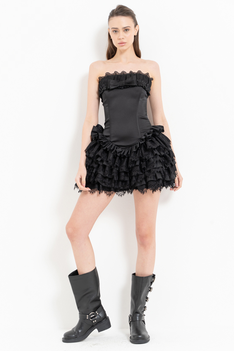 Black Tiered Ruffle Tube Mini Dress