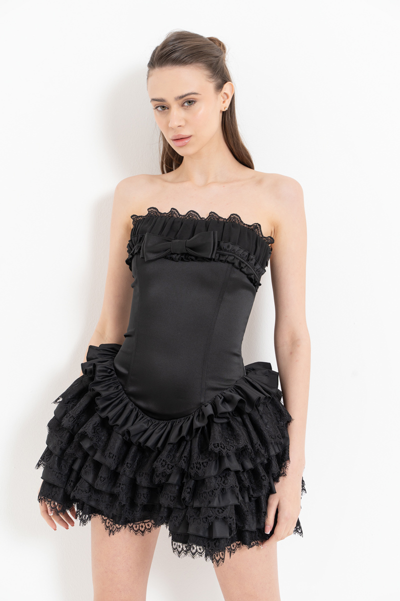 Black Tiered Ruffle Tube Mini Dress