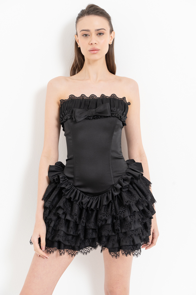 Black Tiered Ruffle Tube Mini Dress