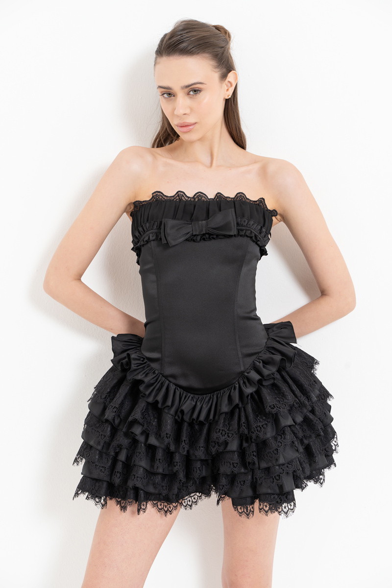 Black Tiered Ruffle Tube Mini Dress