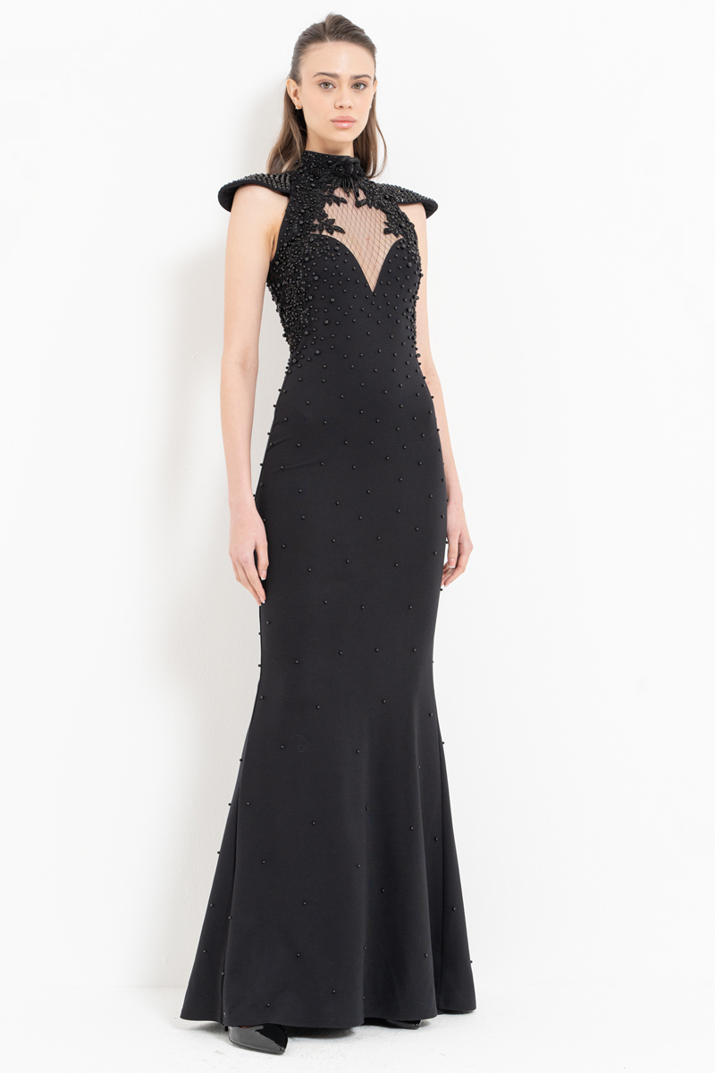 Black Embellished Yoke Maxi Dress