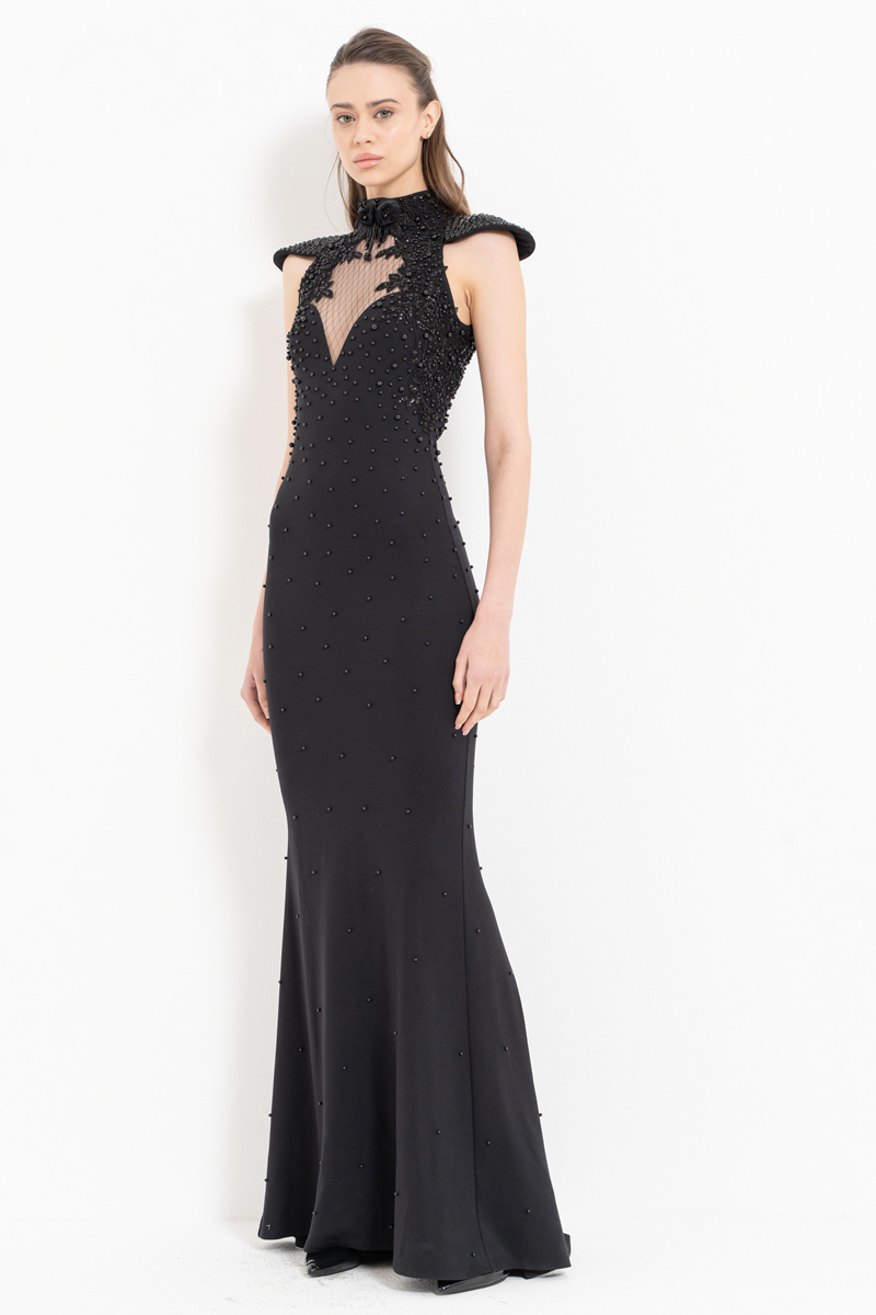 Black Embellished Yoke Maxi Dress