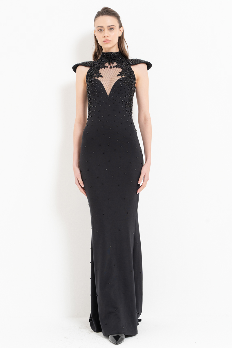 Black Embellished Yoke Maxi Dress