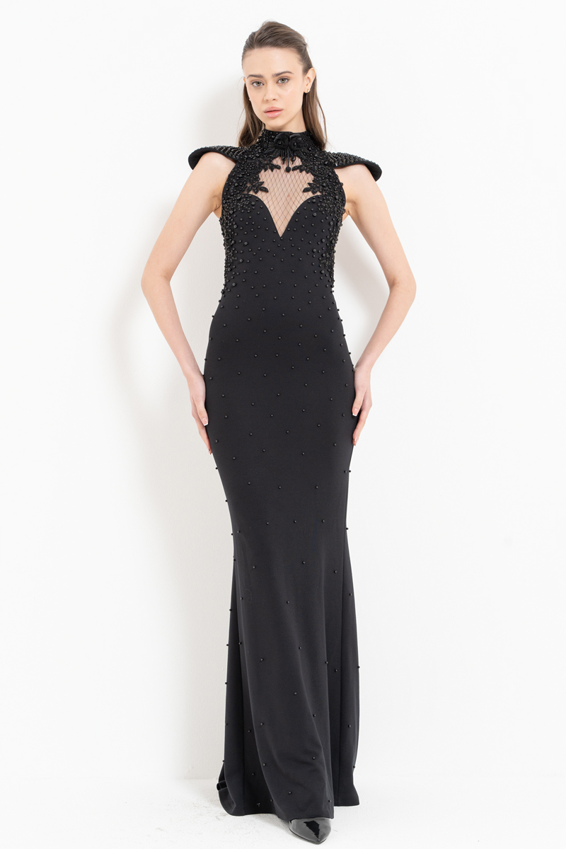 Black Embellished Yoke Maxi Dress