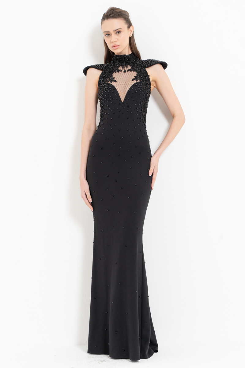 Black Embellished Yoke Maxi Dress