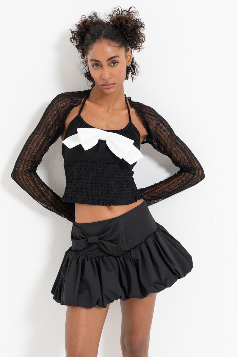Black-Offwhite Bow-Accent Crop Cami & Lace Bolero & Mini Skirt Set
