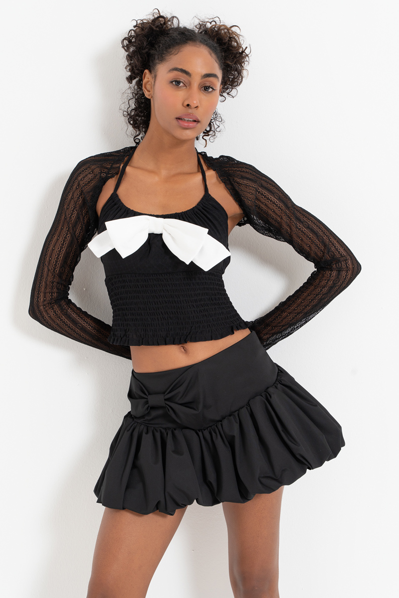 Black-Offwhite Bow-Accent Crop Cami & Lace Bolero & Mini Skirt Set