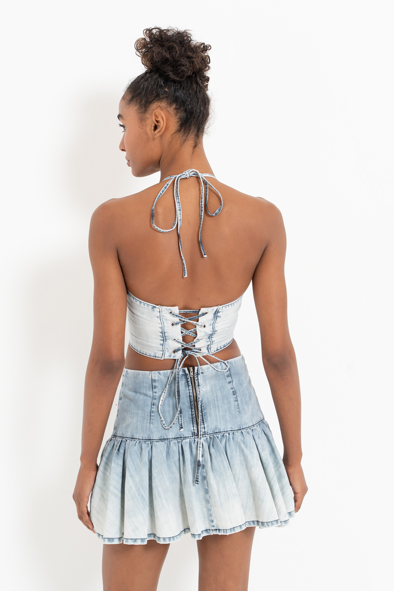 Wholesale Ice Blue Halter Denim Crop Cami & Skirt Set