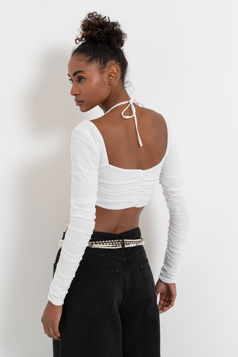 Offwhite Long-Sleeve Strappy Mesh Crop Top