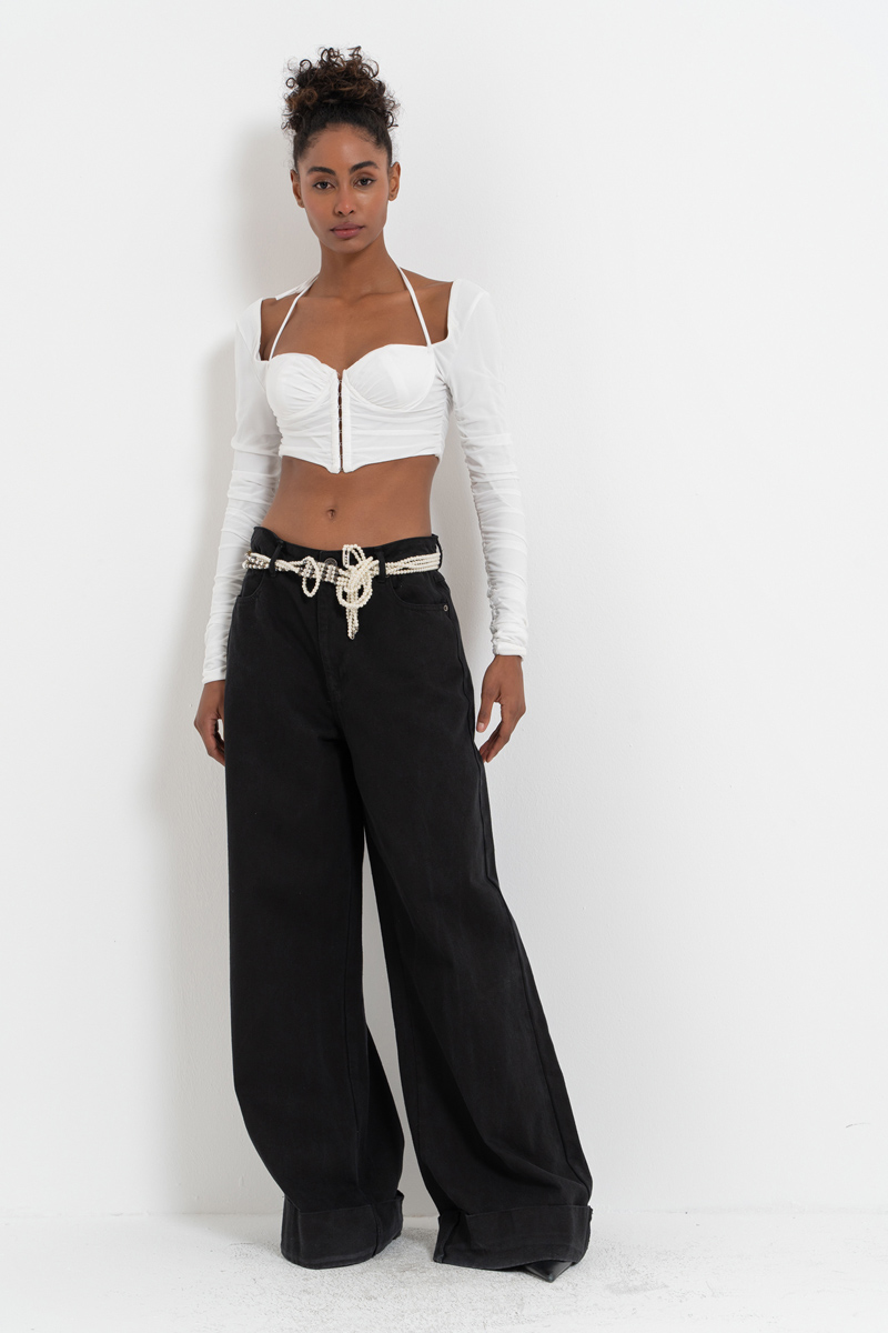 Offwhite Long-Sleeve Strappy Mesh Crop Top