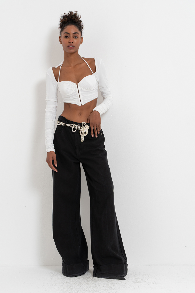 Offwhite Long-Sleeve Strappy Mesh Crop Top