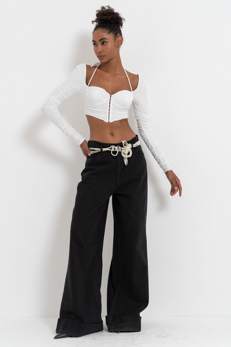 Offwhite Long-Sleeve Strappy Mesh Crop Top