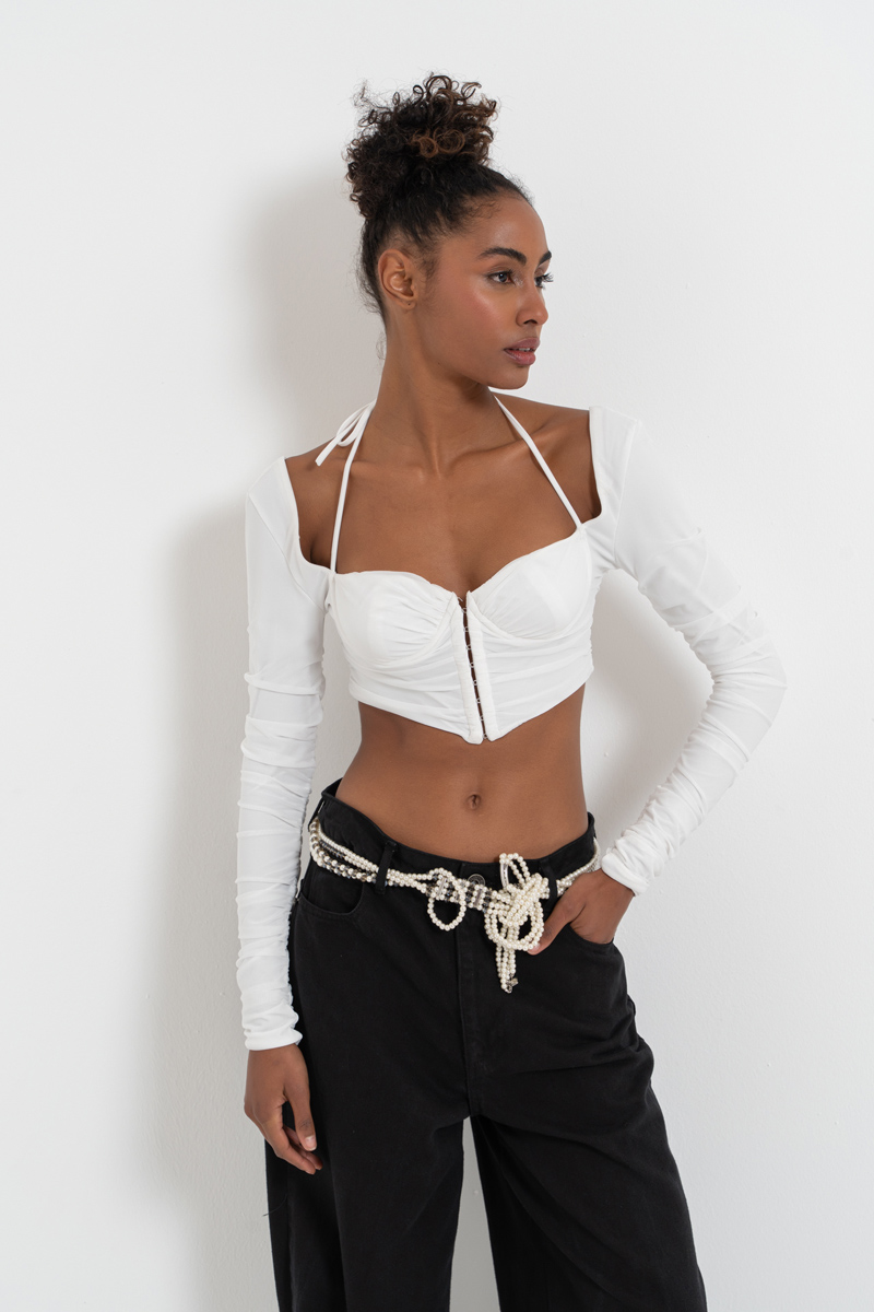 Offwhite Long-Sleeve Strappy Mesh Crop Top