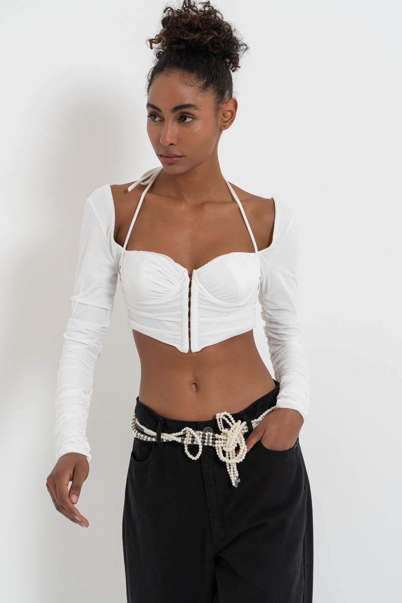 Offwhite Long-Sleeve Strappy Mesh Crop Top