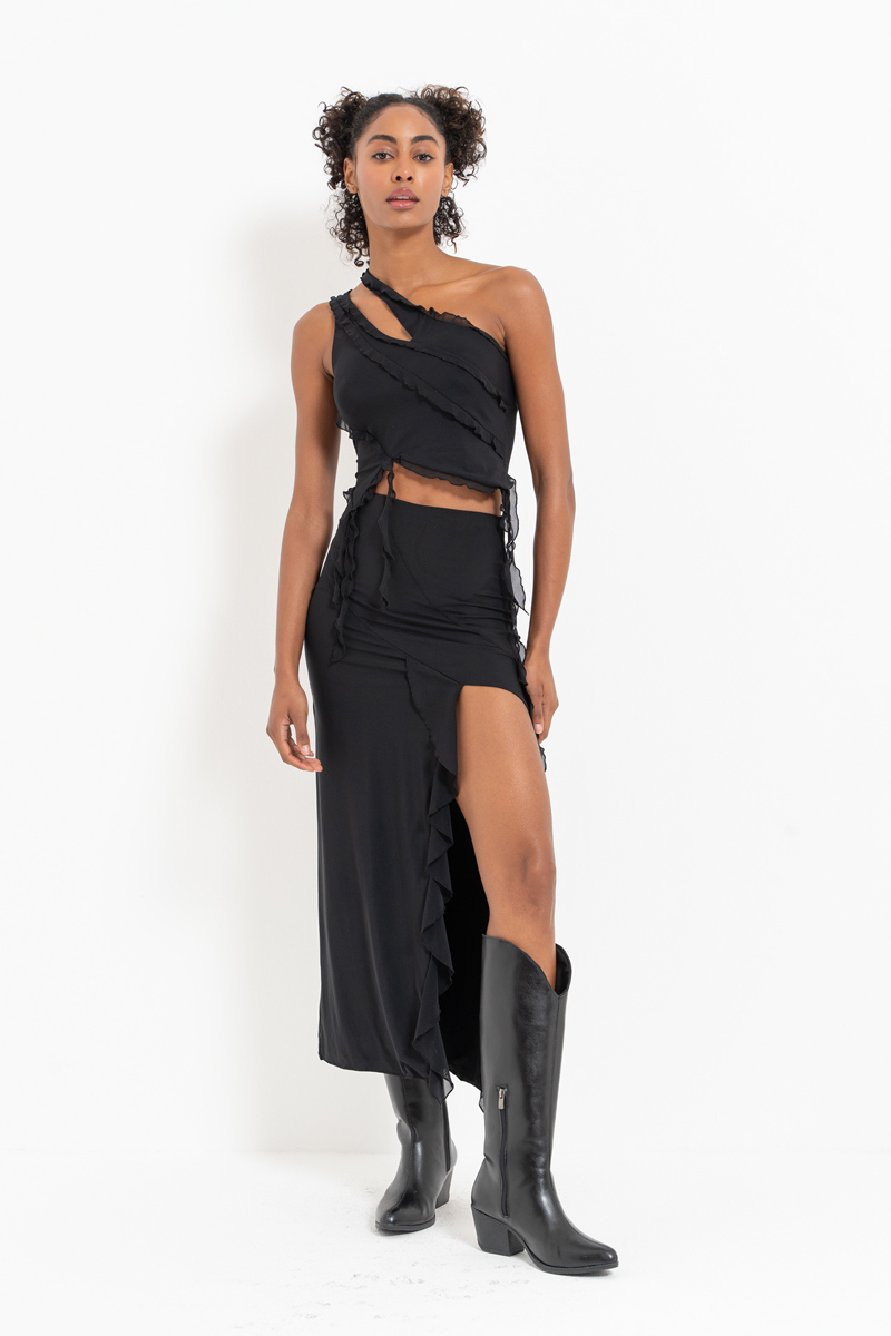 Black One-Shoulder Mesh Top & Split-Leg Skirt Set