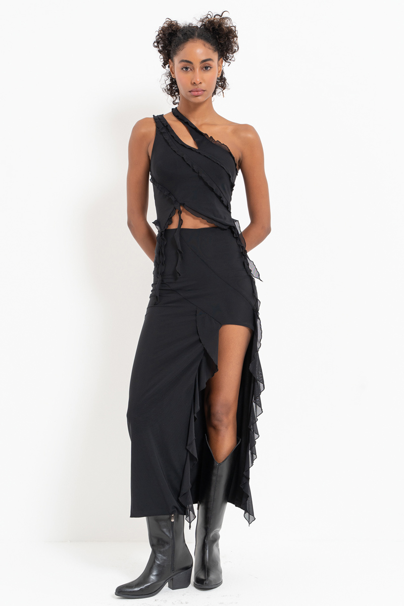 Wholesale Black One-Shoulder Mesh Top & Split-Leg Skirt Set