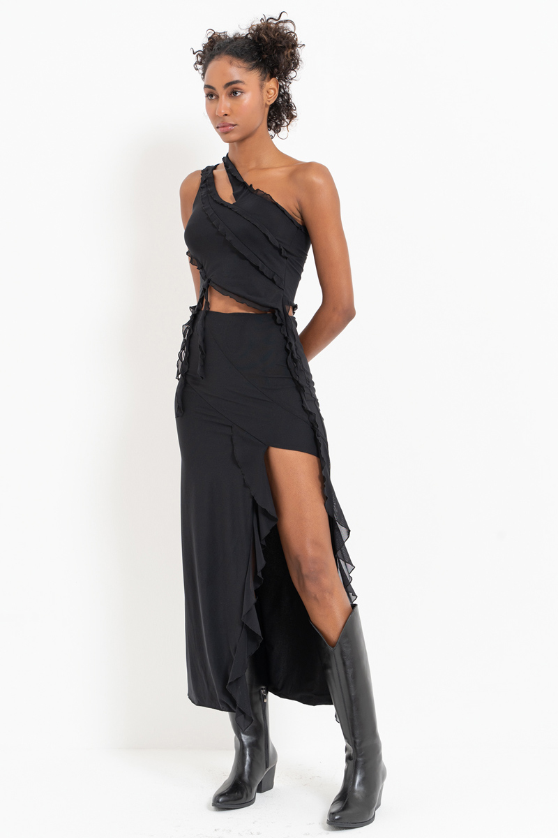 Black One-Shoulder Mesh Top & Split-Leg Skirt Set