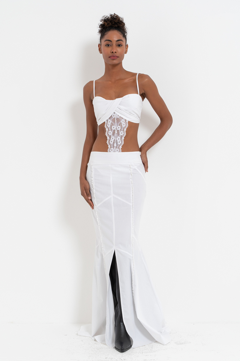 Offwhite Lace-Insert Cami Bodysuit & Skirt Set