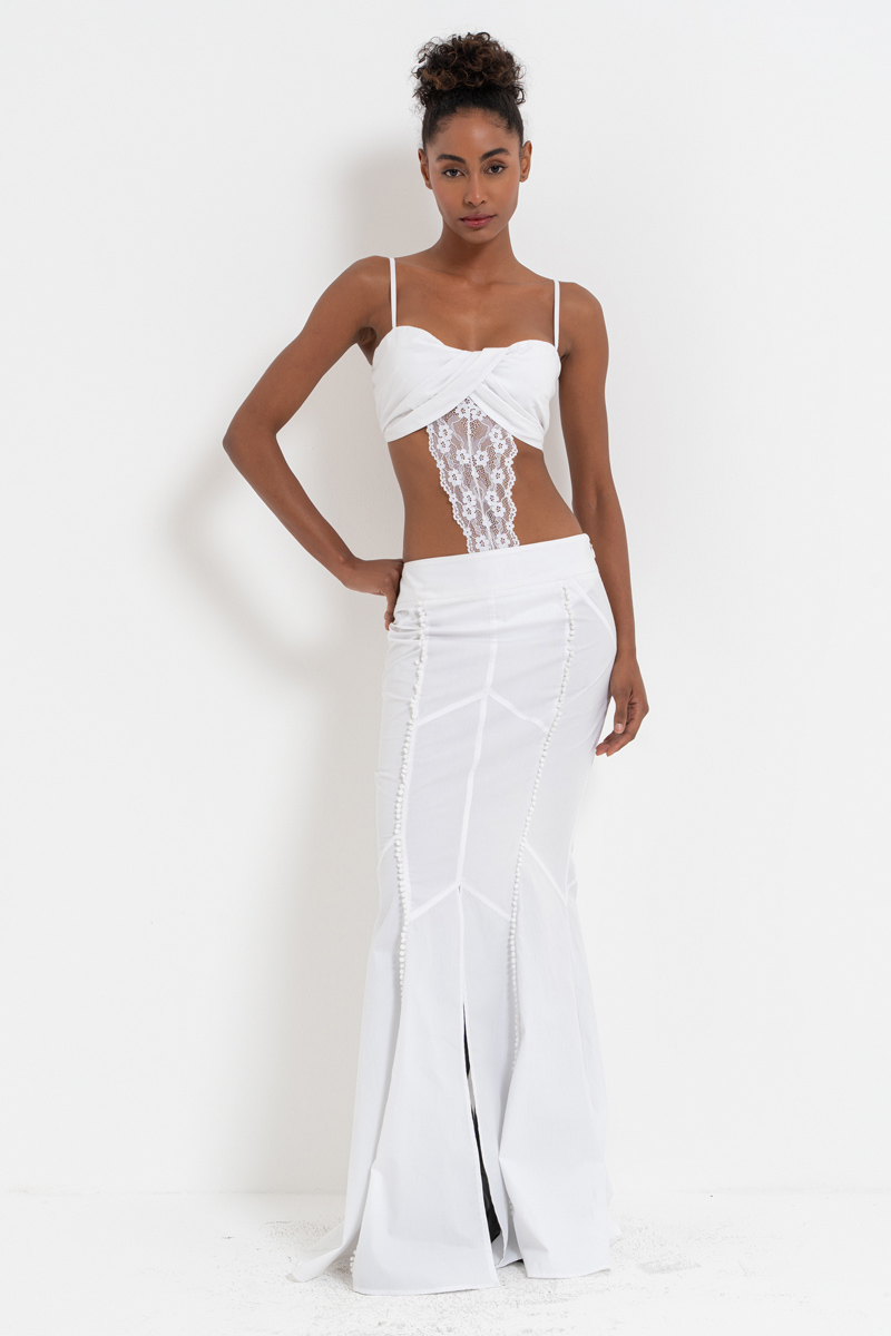 Offwhite Lace-Insert Cami Bodysuit & Skirt Set