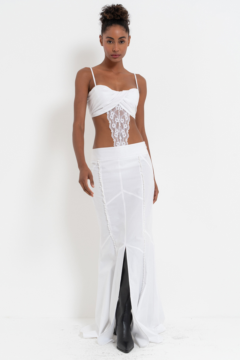 Offwhite Lace-Insert Cami Bodysuit & Skirt Set