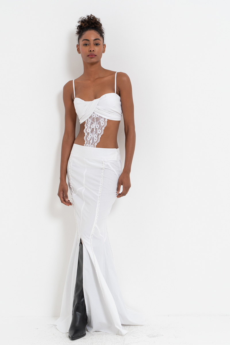 Offwhite Lace-Insert Cami Bodysuit & Skirt Set