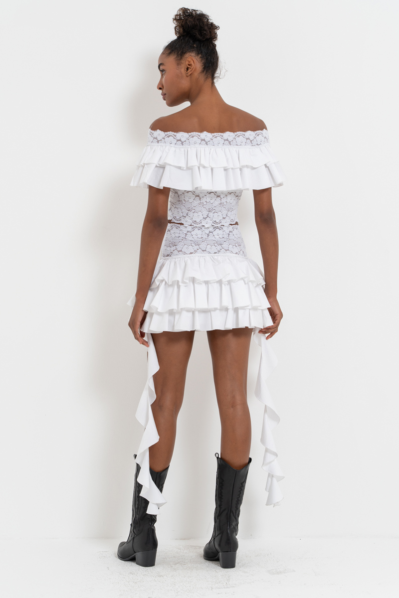 Offwhite Off-the-Shoulder Lace Crop Top & Skirt Set