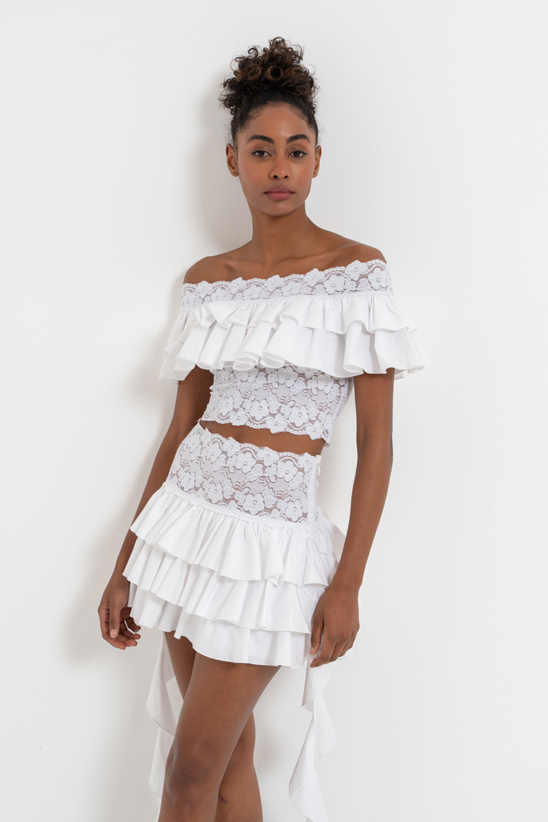 Offwhite Off-the-Shoulder Lace Crop Top & Skirt Set