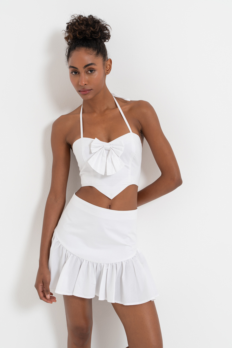 Offwhite Bow-Accent Crop Cami & Skirt Set