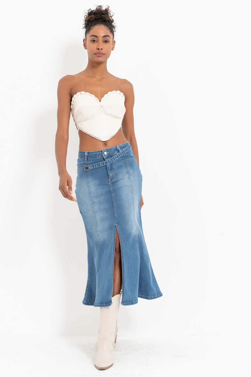 Blue Pieced Split-Leg Denim Skirt