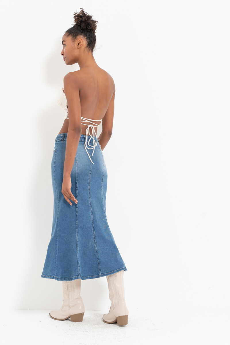 Blue Pieced Split-Leg Denim Skirt