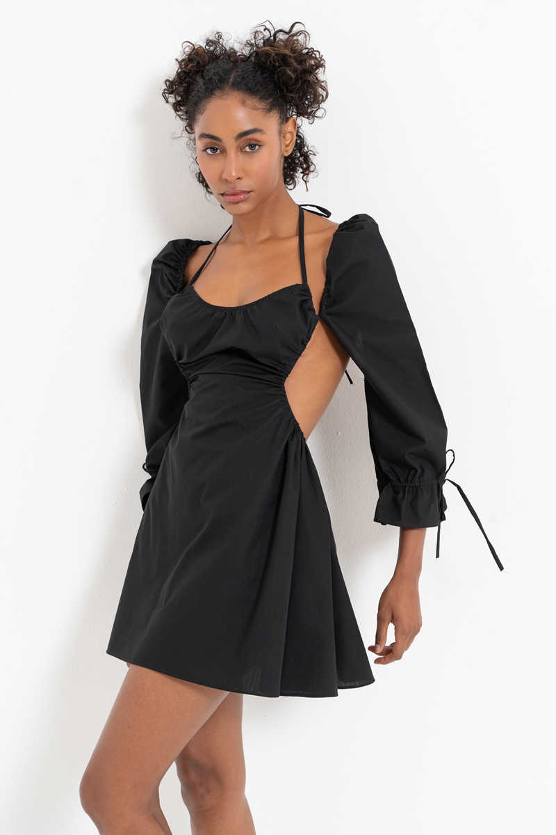 Black Backless Poplin Mini Dress