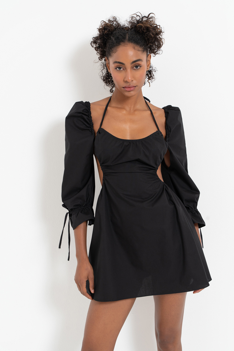 Black Backless Poplin Mini Dress