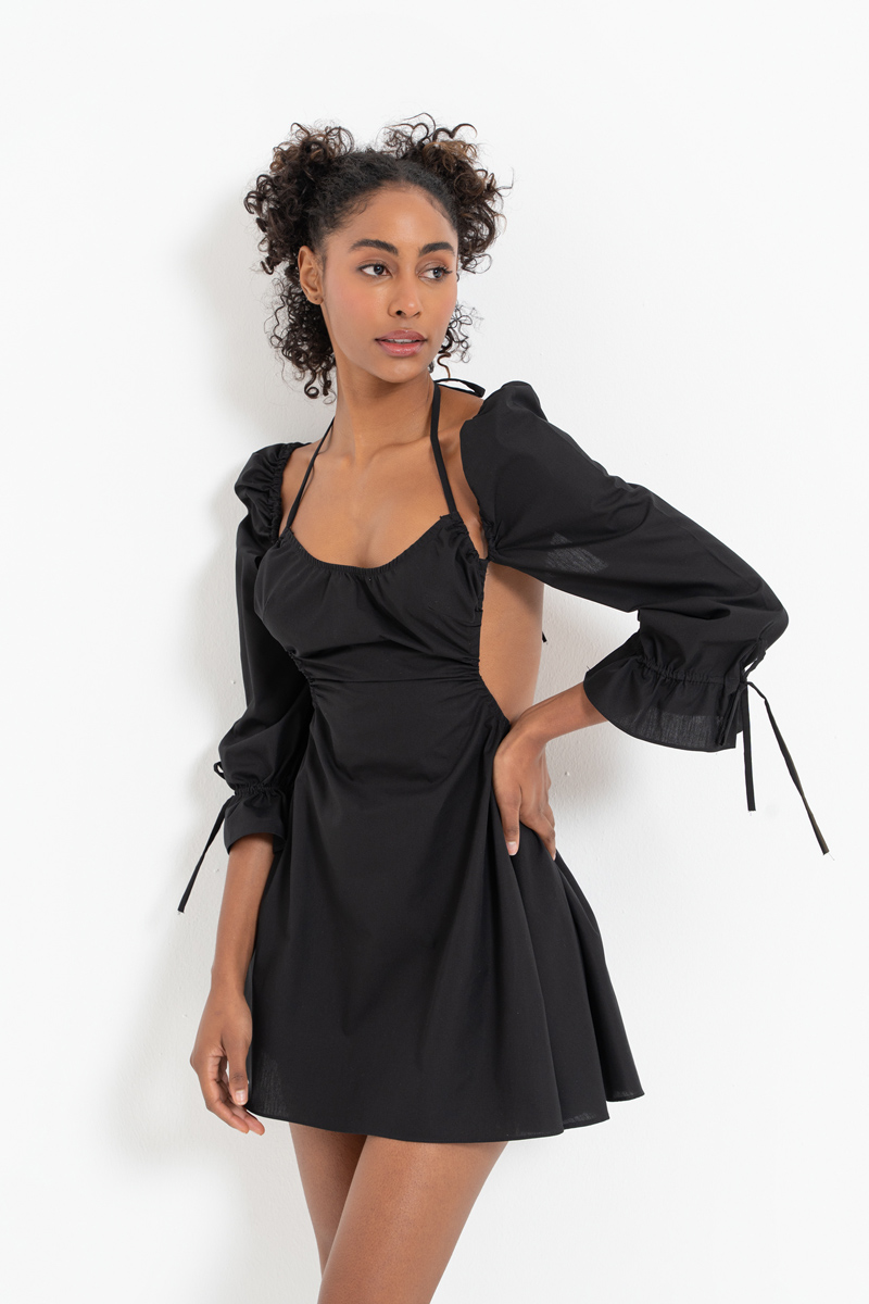 Black Backless Poplin Mini Dress