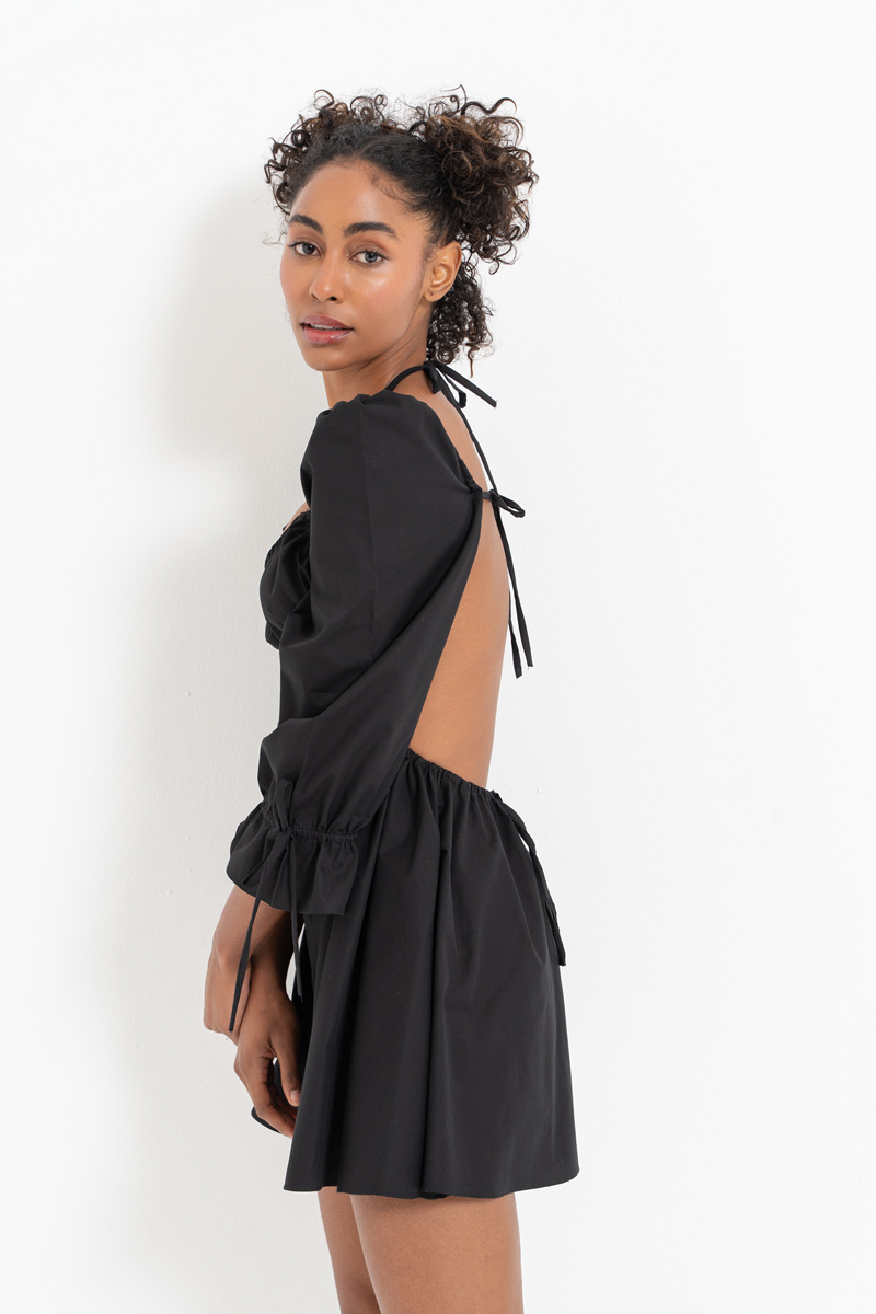 Black Backless Poplin Mini Dress