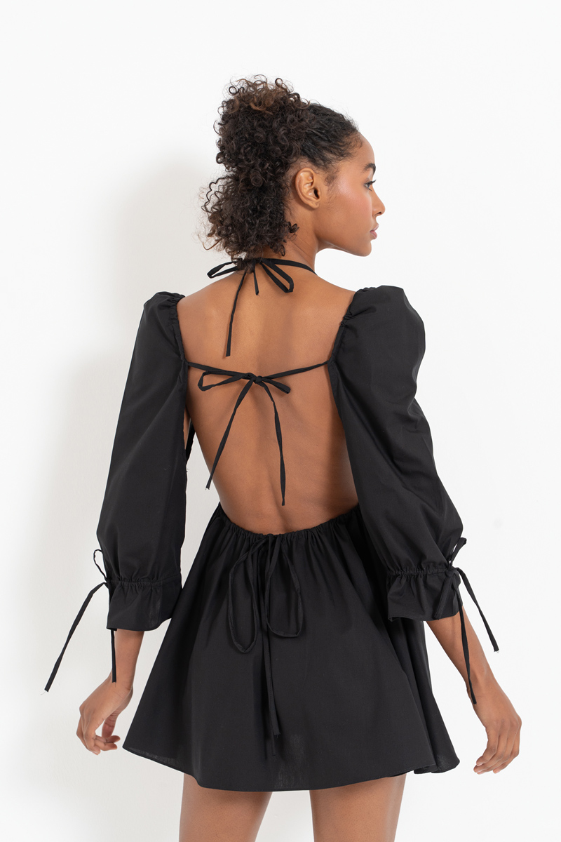 Black Backless Poplin Mini Dress