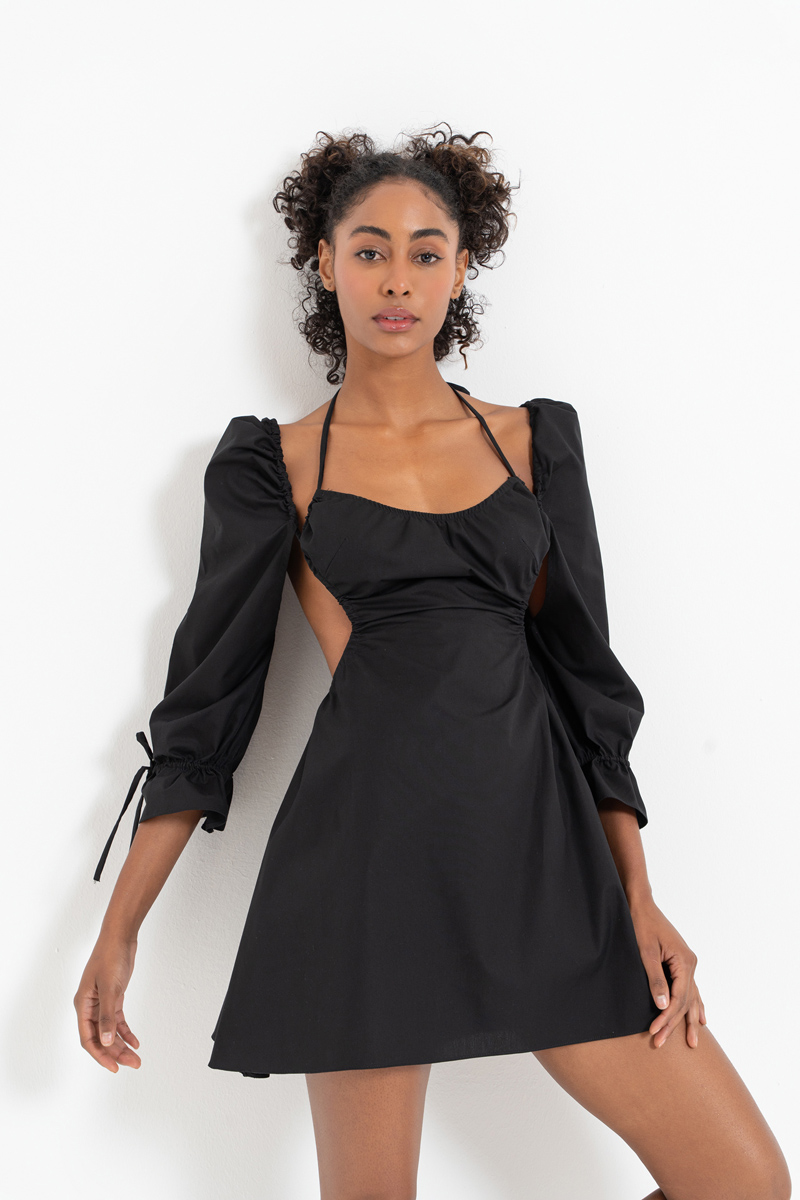 Black Backless Poplin Mini Dress